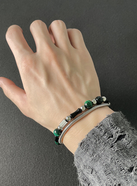 绿色串珠竹节双层钛钢手链男ins设计感国潮小众复古嘻哈手饰配饰