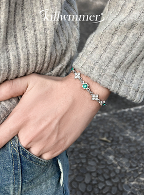 原创设计师钛钢绿宝石四叶草手链