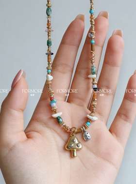 蘑菇松石串珠项链轻奢国风手工串珠毛衣链小众高级感彩色