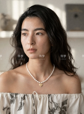 淡水珍珠颈链法式小众桃心锆石项链女吊坠锁骨链浮雕吊牌轻奢重工