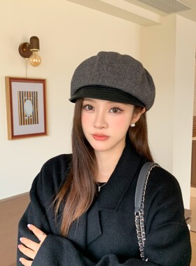 文艺复古毛呢八角帽女秋冬显脸小画家帽百搭贝雷帽报童帽