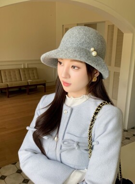 毛呢渔夫帽女秋冬百搭显脸小珍珠装饰小香风画家帽复古时尚帽子