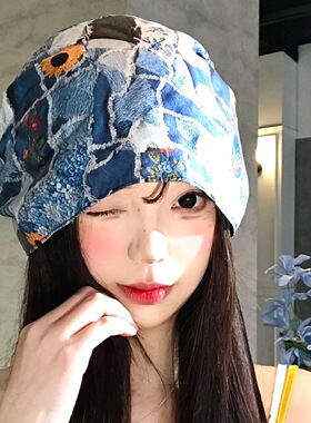 涂鸦印花绑带包头帽女春夏2026新款日系复古显脸小堆堆帽套头帽子