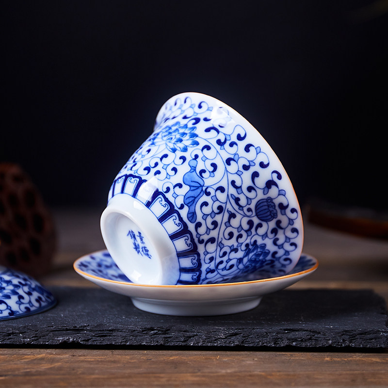 三才盖碗茶杯陶瓷景德镇青花瓷大号盖i碗 泡茶碗全手工功夫茶具