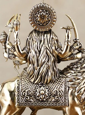 印度国际直邮黄铜超狮子雕像上的杜尔迦女神带底座 - 6 英寸