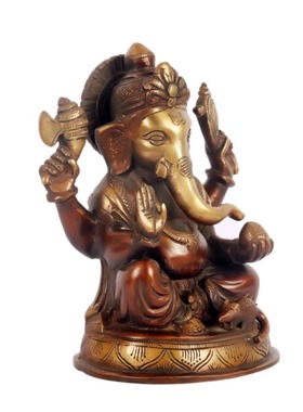 印度手工制Ganesha黄铜象头神像双色调巧克力色和金色高度 8 英寸