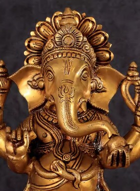 印度国际直邮手工黄铜 Ganesha象头神甘尼萨雕像 - 11 英寸