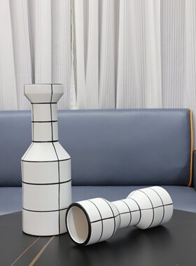 现代简约创意黑白条纹陶瓷花器卧室书房客厅办公室玄关家居装饰品