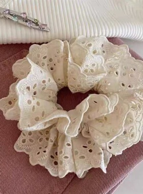 高颜值学院风蓝色格纹发圈秋冬毛绒大肠发圈洋气法式复古蕾丝头