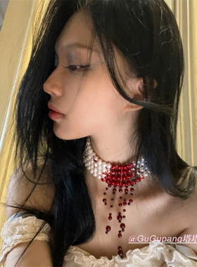 哥特风流血珍珠多层项链