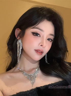 超闪银色钻流苏项链耳环套装