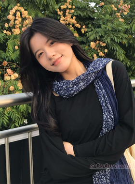 森系文艺复古蓝色碎花围巾
