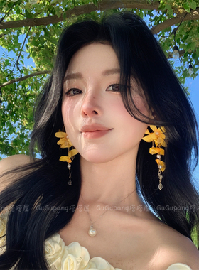 超仙黄色花朵流苏耳环