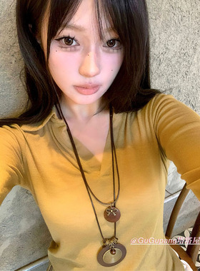 新中式长款古铜螺纹圆盘项链