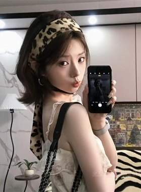 复古辣妹豹纹发带丝带两用女韩系ins长条飘带丝巾百搭领巾脖饰品