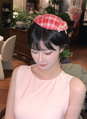红色格纹蝴蝶结小礼帽发夹