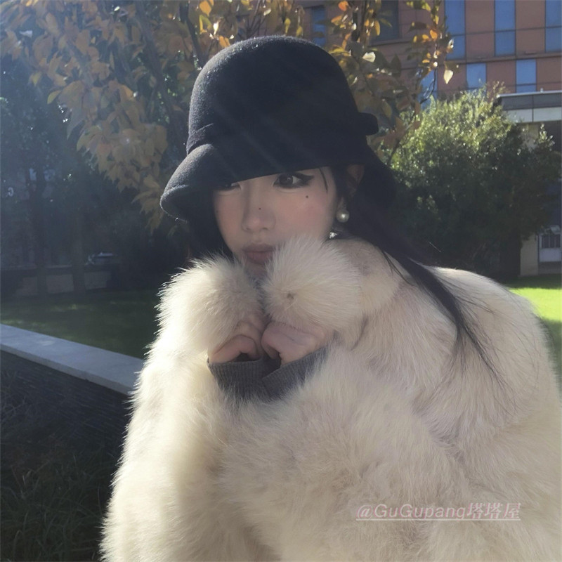 留洋千金感黑色毛呢礼帽法式赫本风复古优雅气质渔夫帽小香风盆帽