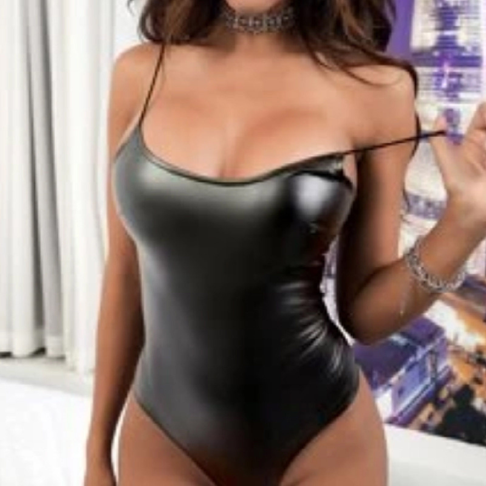 Lacquer leather sling one-piece underwear 漆皮吊带连体内衣女 - 图1