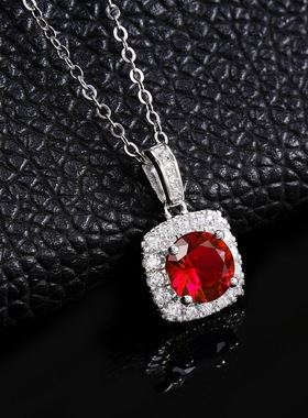 经典肥方造型满钻锁骨链S925银镀18K金镶培育红宝宝石项链时尚ins