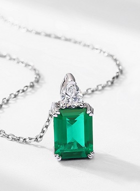 新款培育祖母绿复古吊坠S925银镀18K金爪镶彩钻宝石项链锁骨链坠