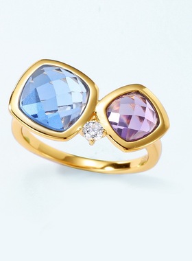 糖果双拼色彩锆戒指女S925银镀18K金镶彩彩宝宝石指戒轻奢大气