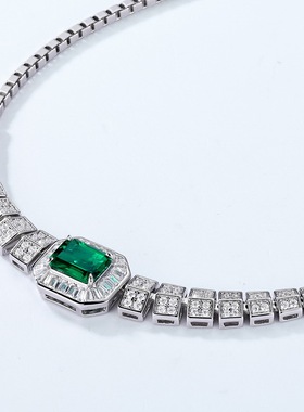 威尔盛新款培育祖母绿晚装链吊坠S925银镀18K金镶嵌彩宝宝石项链