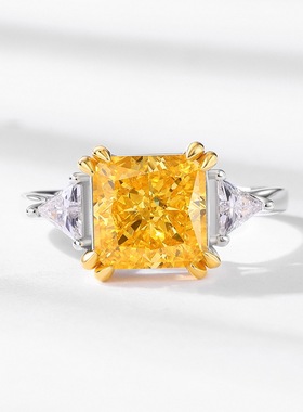 新款方形冰花切高碳钻戒指潮流网红款S925银镀18K金镶嵌宝石戒指