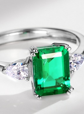 威尔盛珠宝新款S925银戒指女款简约公主方培育祖母绿彩宝宝石饰品