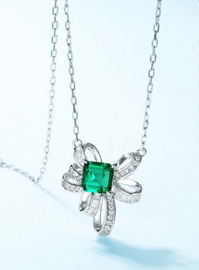 璀璨闪耀项链女S925银镀18K金镶培育祖母绿彩宝宝石锁骨链毛衣链