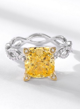 威尔盛S925银镀18K金方糖彩宝宝石戒指鹅黄冰花切高碳钻指戒爆闪