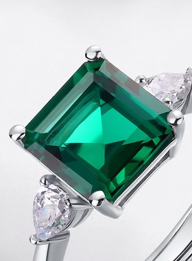 方形培育祖母绿开口戒指S925厚银镀18K金PT950铂金食指戒复古