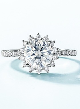 太阳花璀璨莫桑石戒指S925银镀18K金镶嵌彩宝宝石情侣订婚戒时尚