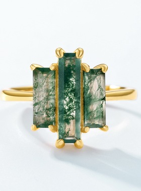 个性夸张天然绿苔藓石食指戒S925银镀18K金PT950铂金水草玛瑙戒指