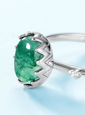 蛋面天然水草玛瑙戒指S925银镀18K金镶彩宝宝石绿苔藓石指戒简约