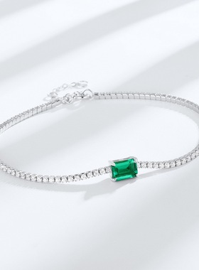 欧美简约S925银镀18K金复古手链女式镶嵌培育祖母绿手饰彩宝宝石