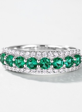 新款璀璨培育祖母绿戒指S925银镀18K金PT950铂金镶培育彩宝食指戒