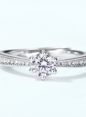 新品S925银镀18K金镶嵌彩宝宝石莫桑石戒指女满钻开口指戒婚戒