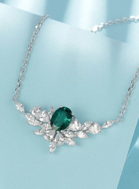 轻奢培育祖母绿项链S925银镀18K金镶嵌彩宝宝石璀璨锁骨链风