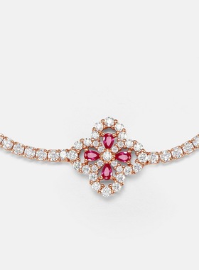 新款四叶草培育红宝手链S925银镀18K金满镶彩宝宝石璀璨手饰