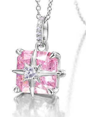 威尔盛S925银镀18K金镶嵌彩宝宝石粉红高碳钻星芒吊坠小方项链女