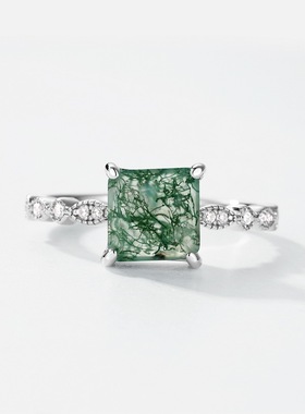 正方天然水草玛瑙戒指女S925银镀18K金PT950铂金镶绿苔藓石食指戒