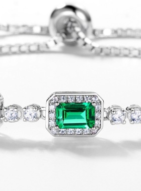 彩宝宝石款S925银镀18K金培育祖母绿手链女镶钻复古手饰风手链