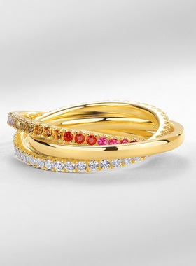 轻奢时尚三层交错彩锆多戴戒指S925银镶镀18K金PT950铂金锆食指戒