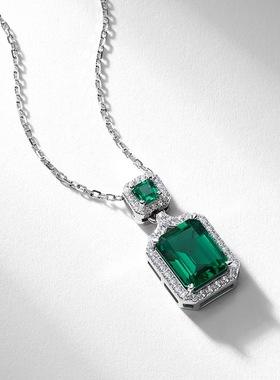 大气时尚培育祖母绿项链女S925银镀18K金PT950铂金锁骨链送礼物