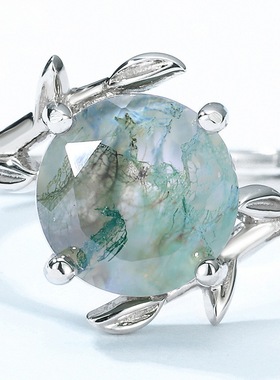 欧美S925银镀18K金镶嵌彩宝宝石水草玛瑙戒指女款绿苔藓石指戒轻