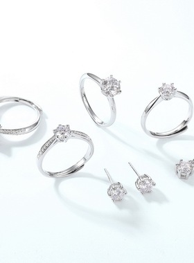 D色璀璨莫桑石戒指S925银镀18K金镶嵌彩宝宝石订婚戒节日礼物