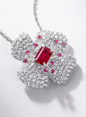 四叶草花瓣满钻镶培育红宝项链S925银镀18K金PT950铂金锁骨链女