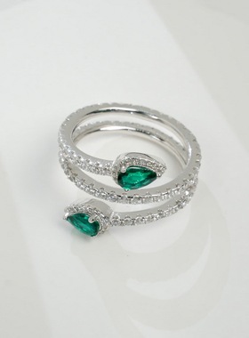 水滴培育祖母绿开口戒S925厚银镀18K金PT950铂金围镶戒指复古高级