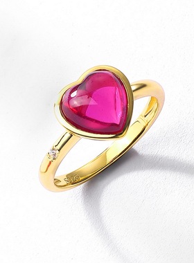 糖果爱心彩宝宝石戒指女S925银镀18K金红刚玉指戒简约轻奢百搭