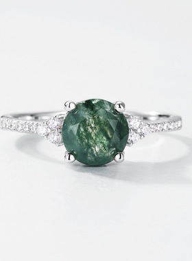 天然绿苔藓石戒指S925银镀18K金PT950铂金个性水草玛瑙食指戒